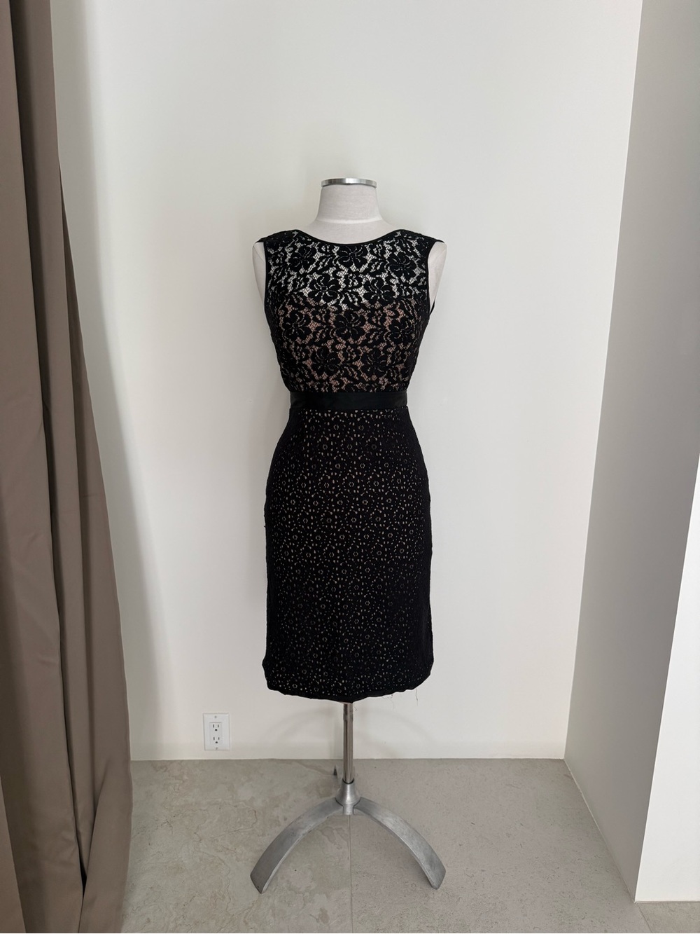 BCBGMaxAzria Black Lace Midi Dress with Nude Underlay